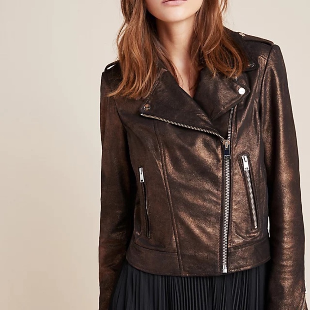 NWT $595 Lamarque Donna Metallic Leather Moto Jacket XS Z147-14 - Picture 3 of 9